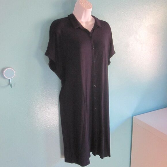 Eileen Fisher Womens Size L  Button Front Dress Navy Blue Midi Length Stretch - Picture 1 of 10